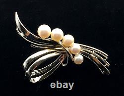 Mikimoto Vintage Sterling Silver & Akoya Pearls Ribbon Bow Brooch, Signed S & M