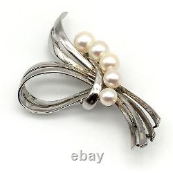 Mikimoto Vintage Sterling Silver & Akoya Pearls Ribbon Bow Brooch, Signed S & M