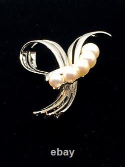 Mikimoto Vintage Sterling Silver & Akoya Pearls Ribbon Bow Brooch, Signed S & M