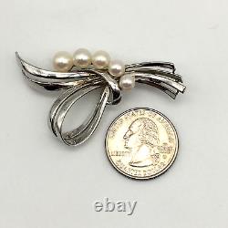 Mikimoto Vintage Sterling Silver & Akoya Pearls Ribbon Bow Brooch, Signed S & M