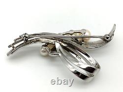 Mikimoto Vintage Sterling Silver & Akoya Pearls Ribbon Bow Brooch, Signed S & M