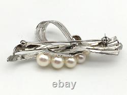 Mikimoto Vintage Sterling Silver & Akoya Pearls Ribbon Bow Brooch, Signed S & M