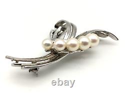 Mikimoto Vintage Sterling Silver & Akoya Pearls Ribbon Bow Brooch, Signed S & M