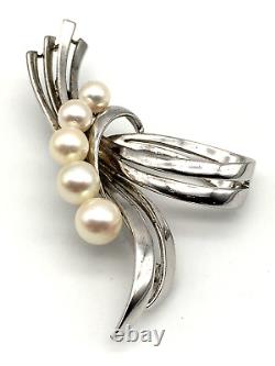 Mikimoto Vintage Sterling Silver & Akoya Pearls Ribbon Bow Brooch, Signed S & M