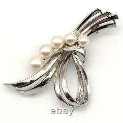 Mikimoto Vintage Sterling Silver & Akoya Pearls Ribbon Bow Brooch, Signed S & M