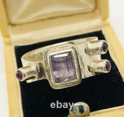 Modernist Sterling Silver Ring Amethyst Garnets Sputnik 14g Sz8 Vintage Jewelry