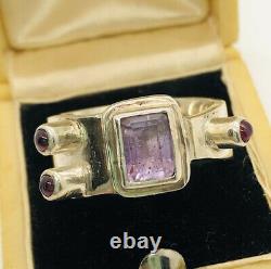 Modernist Sterling Silver Ring Amethyst Garnets Sputnik 14g Sz8 Vintage Jewelry