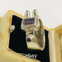 Modernist Sterling Silver Ring Amethyst Garnets Sputnik 14g Sz8 Vintage Jewelry