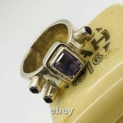 Modernist Sterling Silver Ring Amethyst Garnets Sputnik 14g Sz8 Vintage Jewelry