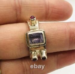 Modernist Sterling Silver Ring Amethyst Garnets Sputnik 14g Sz8 Vintage Jewelry