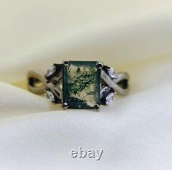 Moss Agate & Cubic Zirconia Vintage Ring, 925 Sterling Silver Ring