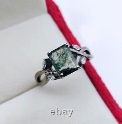 Moss Agate & Cubic Zirconia Vintage Ring, 925 Sterling Silver Ring