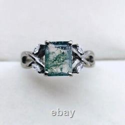 Moss Agate & Cubic Zirconia Vintage Ring, 925 Sterling Silver Ring