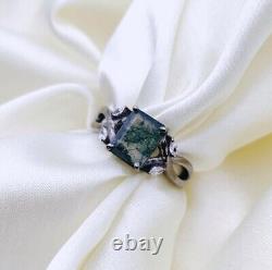 Moss Agate & Cubic Zirconia Vintage Ring, 925 Sterling Silver Ring