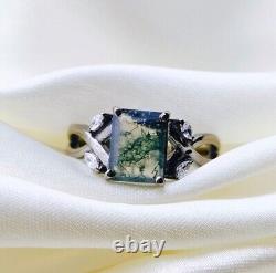 Moss Agate & Cubic Zirconia Vintage Ring, 925 Sterling Silver Ring