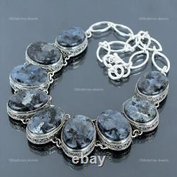 Mothers day Deal Sterling Silver Larvikite Gemstone Chain Bezel Vintage Necklace