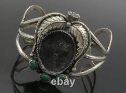 NAVAJO 25 Sterling Silver Vintage Malachite Floral Cuff Bracelet BT5137