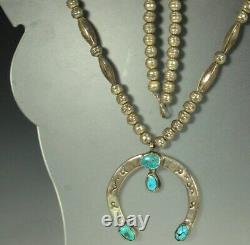 NAVAJO NAJA Necklace 26.5 in 1920s TURQUOISE STERLING Bench Pearls Melons SIGNED