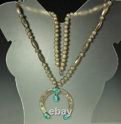 NAVAJO NAJA Necklace 26.5 in 1920s TURQUOISE STERLING Bench Pearls Melons SIGNED