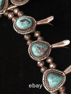 Native American Navajo Vintage Squash Blossom Sterling Silver Turquoise Necklace