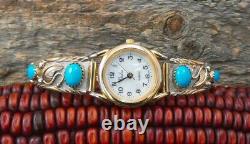 Native American Vintage Sterling Silver 12KGF Gold Women's Turquoise Watchband