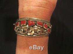 Native Vintage Pawn Navajo Sterling Silver Foliate Coral Cuff Bracelet Signed