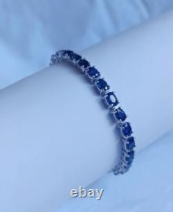 Natural Blue Sapphire Oval Tennis Bracelet 925 Sterling Silver Handmade Jewelry