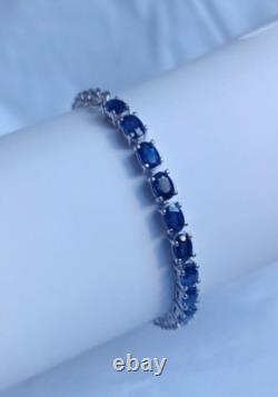 Natural Blue Sapphire Oval Tennis Bracelet 925 Sterling Silver Handmade Jewelry