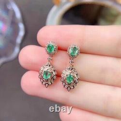 Natural Emerald Vintage Style Drop Earrings, Natural Emerald Sterling Silver