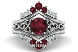 Natural Garnet Round Cut Gemstone Vintage Victorian Design Trio Band Ring Set