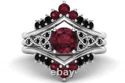 Natural Garnet Round Cut Gemstone Vintage Victorian Design Trio Band Ring Set