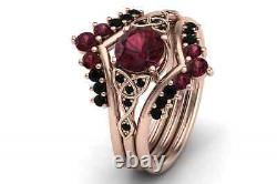 Natural Garnet Round Cut Gemstone Vintage Victorian Design Trio Band Ring Set