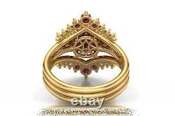 Natural Garnet Round Cut Gemstone Vintage Victorian Design Trio Band Ring Set