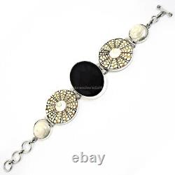 Natural Onyx Gemstone Chain Vintage Bracelet 925 Sterling Silver Jewelry J2