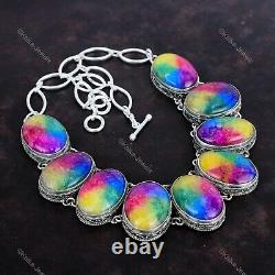 Natural Rainbow Solar Quartz Druzy Chain Vintage Adjustable Necklace 925 Silver