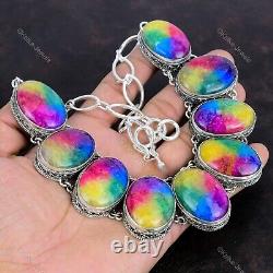 Natural Rainbow Solar Quartz Druzy Chain Vintage Adjustable Necklace 925 Silver