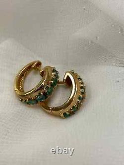 Natural Vintage Emerald Hoop Earrings 1.4Ct Round 14K Yellow Gold Plated