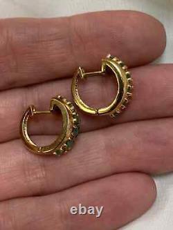 Natural Vintage Emerald Hoop Earrings 1.4Ct Round 14K Yellow Gold Plated