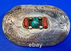 Navajo D. C Thomas Sterling Silver Turquoise & Coral Vintage Belt Buckle