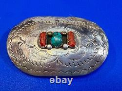 Navajo D. C Thomas Sterling Silver Turquoise & Coral Vintage Belt Buckle