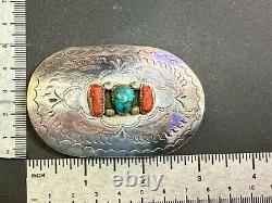 Navajo D. C Thomas Sterling Silver Turquoise & Coral Vintage Belt Buckle