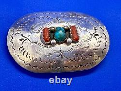 Navajo D. C Thomas Sterling Silver Turquoise & Coral Vintage Belt Buckle