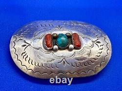 Navajo D. C Thomas Sterling Silver Turquoise & Coral Vintage Belt Buckle