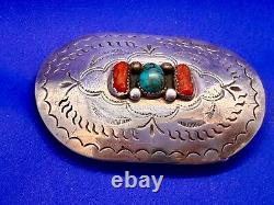 Navajo D. C Thomas Sterling Silver Turquoise & Coral Vintage Belt Buckle