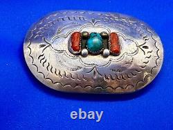 Navajo D. C Thomas Sterling Silver Turquoise & Coral Vintage Belt Buckle