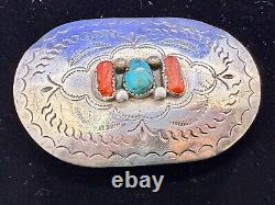 Navajo D. C Thomas Sterling Silver Turquoise & Coral Vintage Belt Buckle