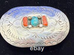 Navajo D. C Thomas Sterling Silver Turquoise & Coral Vintage Belt Buckle