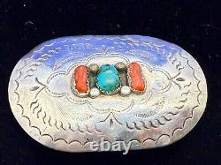 Navajo D. C Thomas Sterling Silver Turquoise & Coral Vintage Belt Buckle