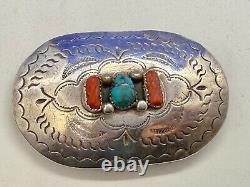 Navajo D. C Thomas Sterling Silver Turquoise & Coral Vintage Belt Buckle