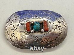 Navajo D. C Thomas Sterling Silver Turquoise & Coral Vintage Belt Buckle